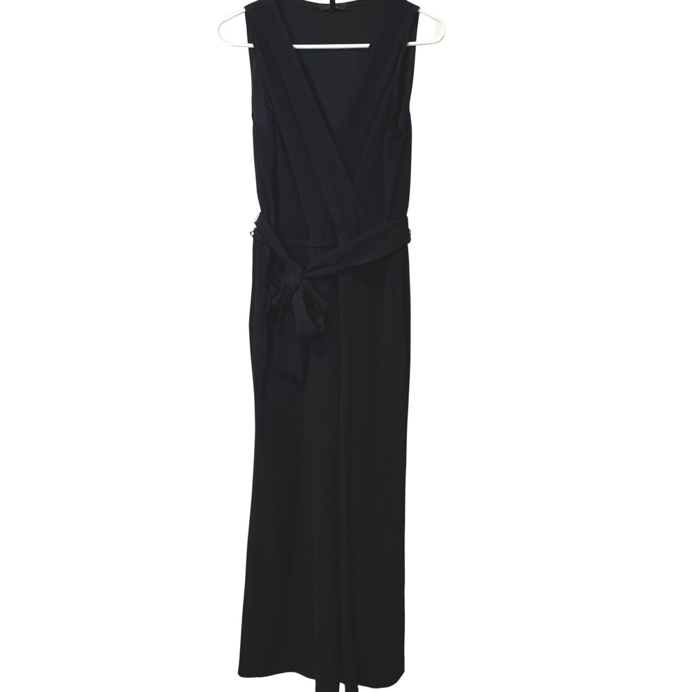DREW Black Sleeveless Wrap Jumpsuit Wide Leg Belted Side Zip Size L
